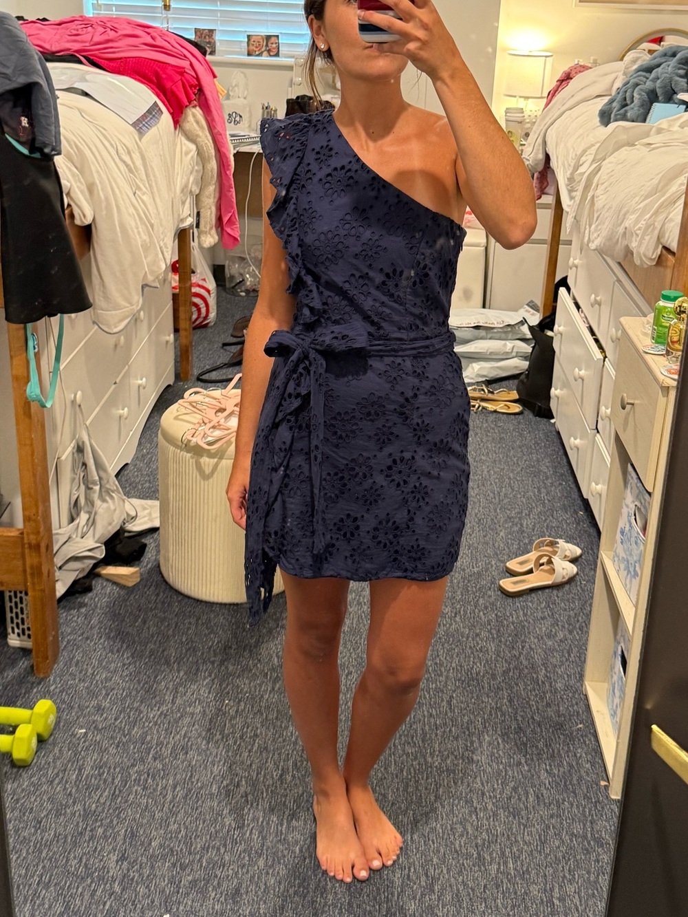 Lovers + Friends Navy One-Shoulder Eyelet Dress with Tie